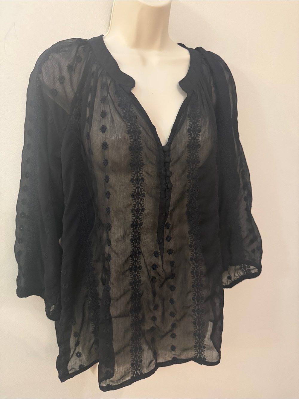 Olive & Oak Sheer Black Embroidered Peasant Boho Sheer Blouse Size Medium
